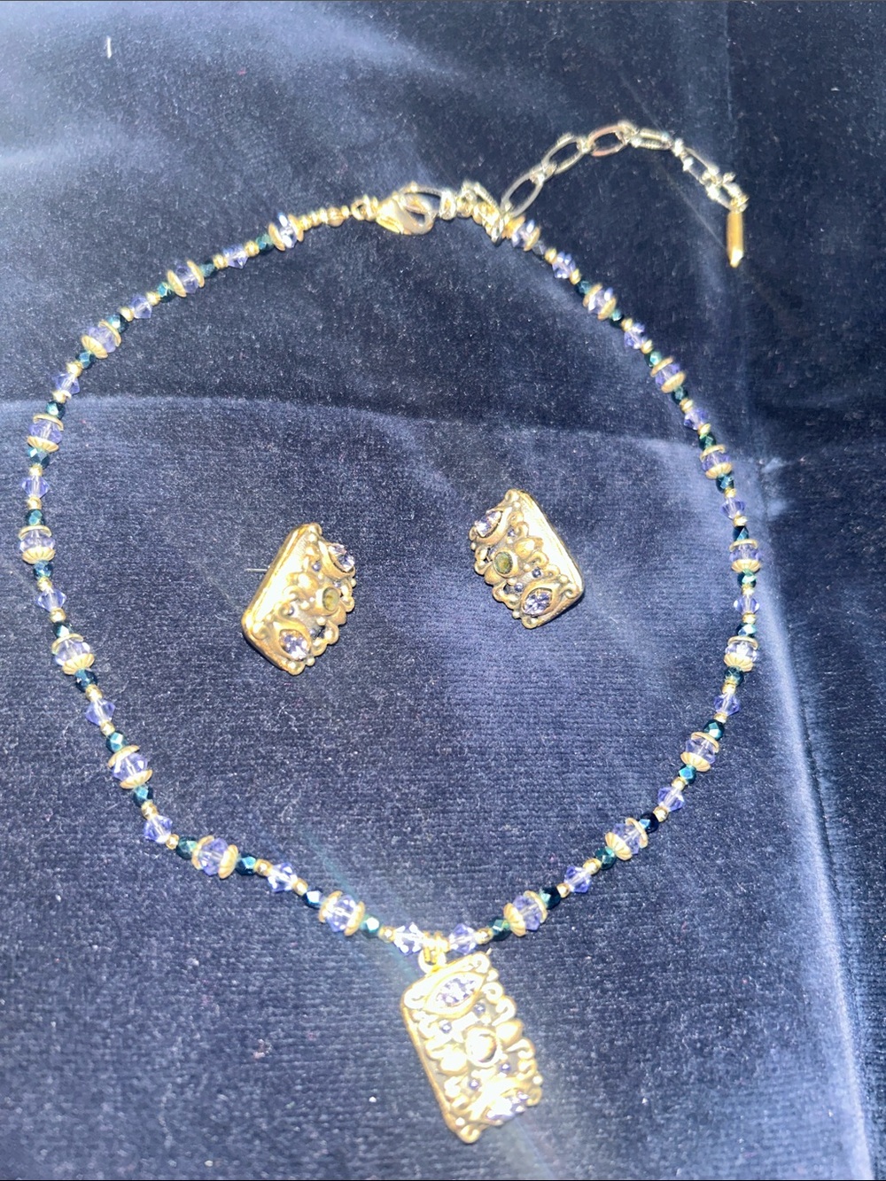 Gold-Tone Blue Bead Pendant Necklace with Matching Clip-On Earrings